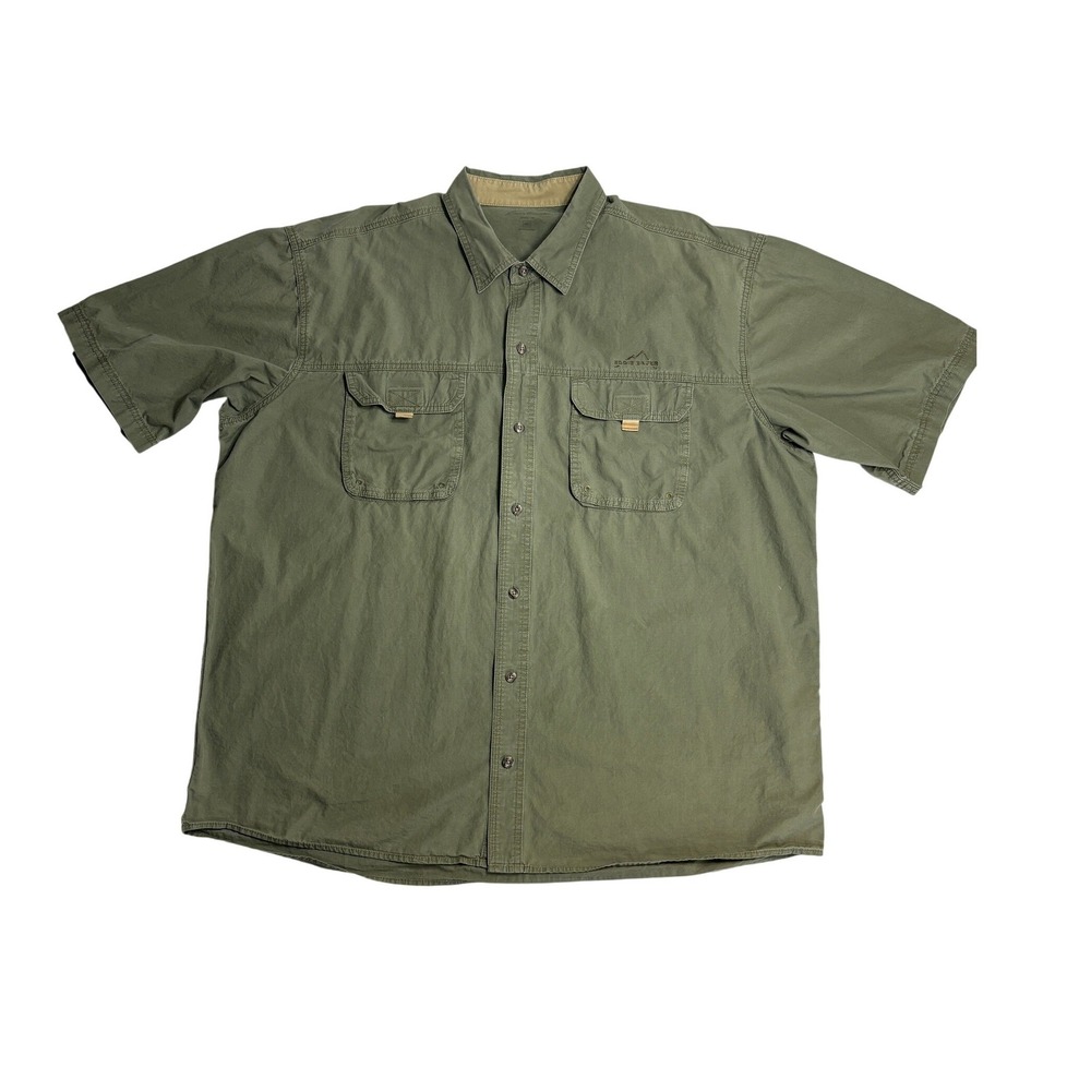 Eddie Bauer XXL Olive Green Utility Shirt Expandable Pockets Hiking Camping Boho